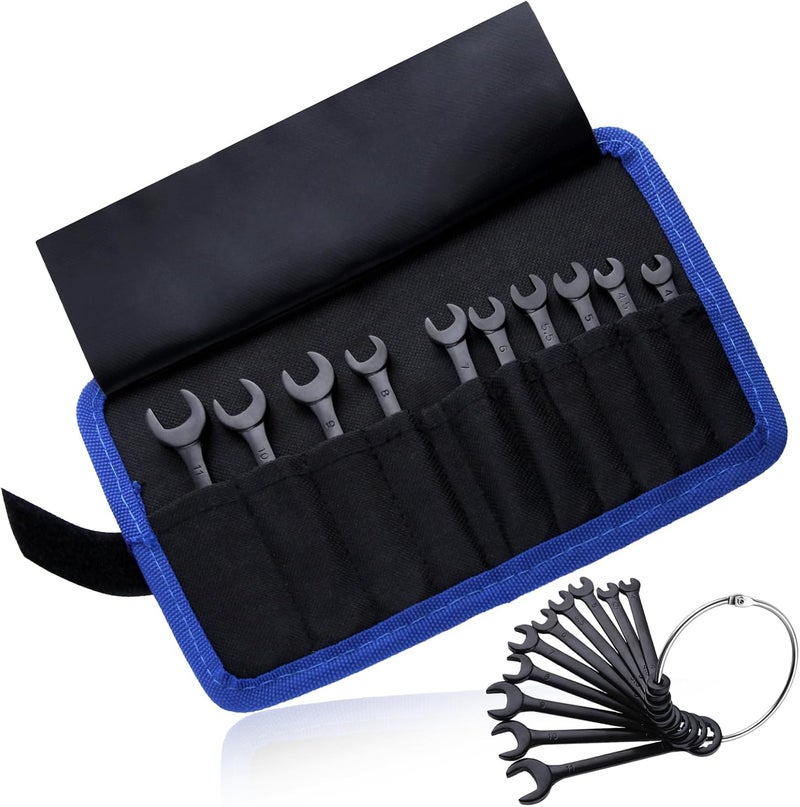 LEONTOOL Mini Wrench Set Metric 10-Piece Ignition Wrench Set, 4-11mm Open End and Box End Combination Wrenches, Super Thin Small Wrenches with Zipper Bag and Key Ring for Small Fasteners, Black - Image 1